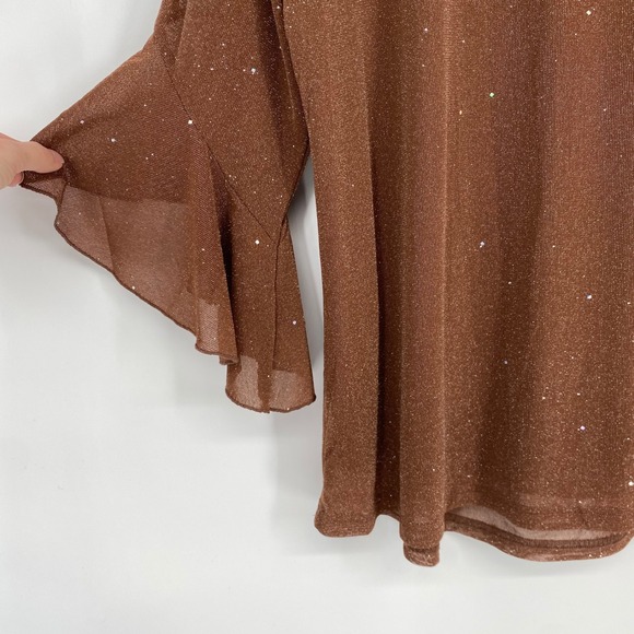 Chocolate Brown Sparkle Top Bell Sleeve Size L Fairy Grunge Date Night Going Out - Picture 7 of 17